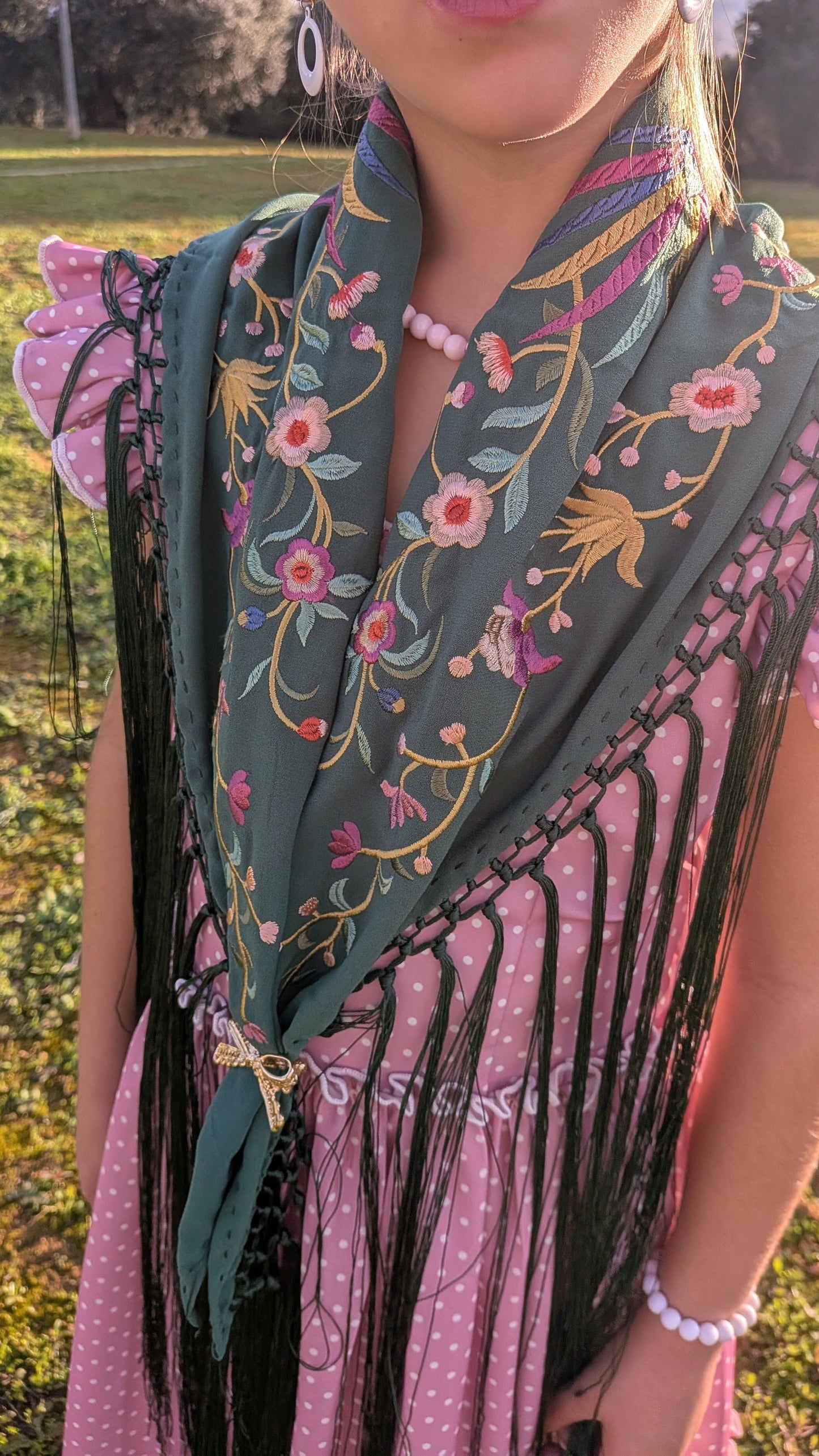 Mantoncillo bordado pájaros verde oscuro