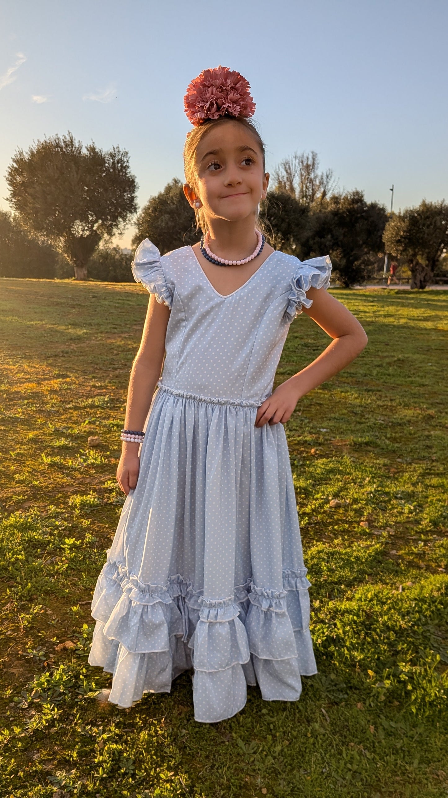 Vestido Flamenca Niña Celeste Lunar Blanco
