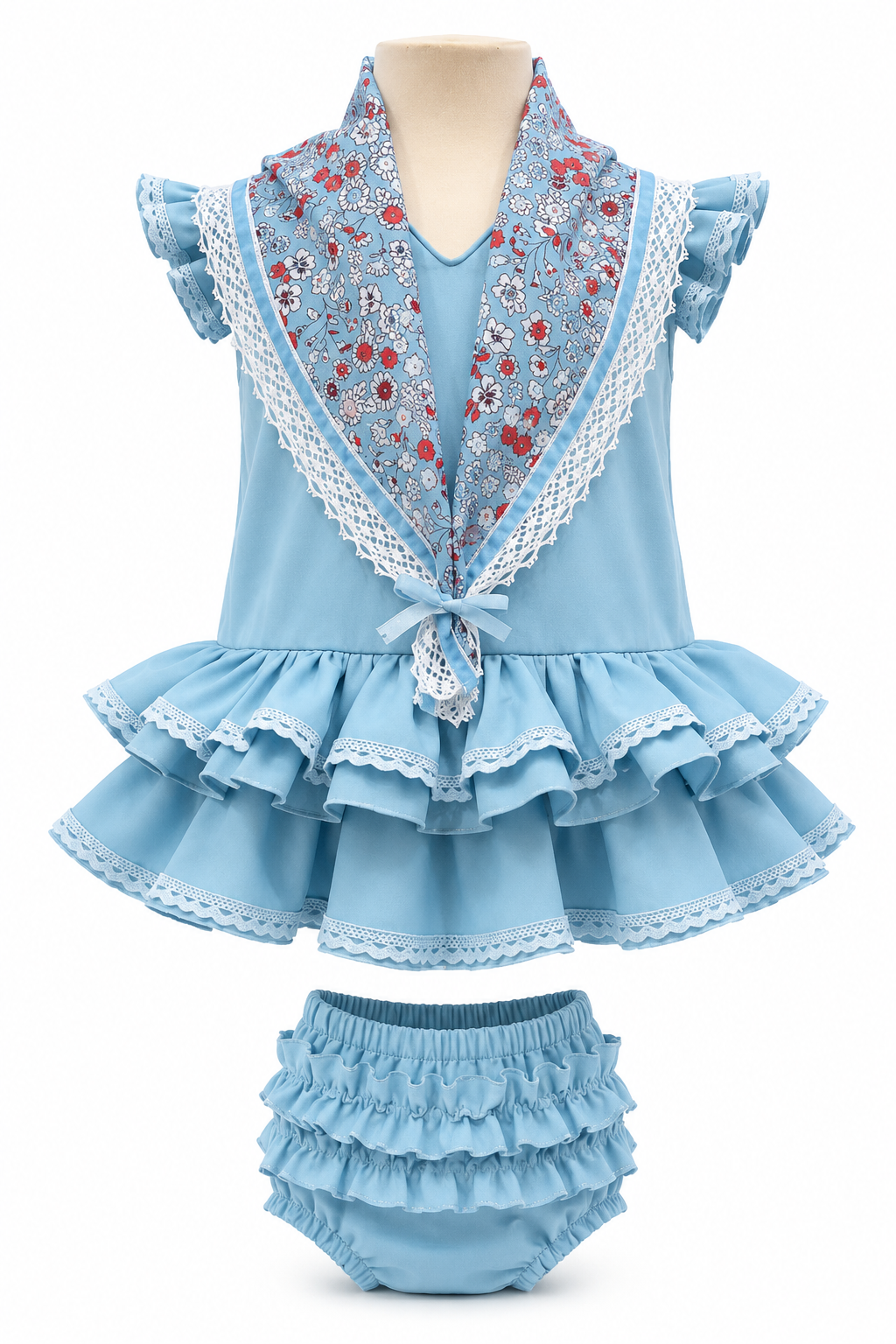 Traje flamenca bebé celeste con puntilla a tono y braguita a juego para feria - MiBebesito