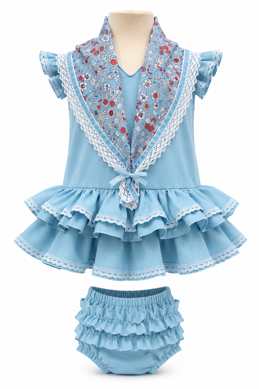 Traje flamenca bebé celeste con puntilla a tono y braguita a juego para feria - MiBebesito