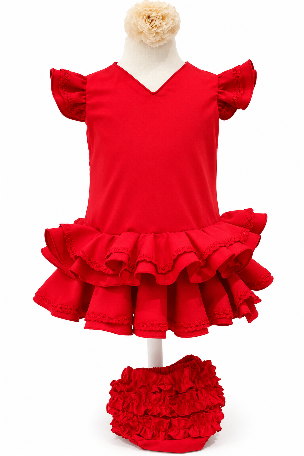 Traje flamenca bebé rojo con puntilla y braguita a juego para feria confeccionado en popelín 100% - MiBebesito