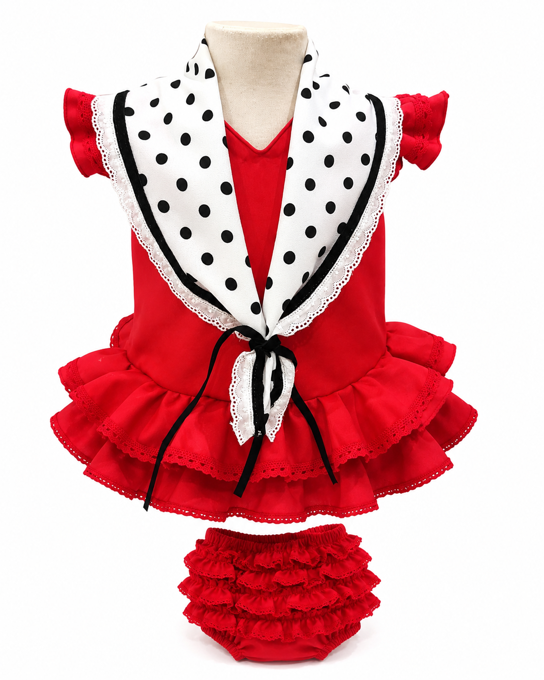 Detalle de pañoleta de lunares en traje flamenca bebé rojo con puntilla para feria - MiBebesito