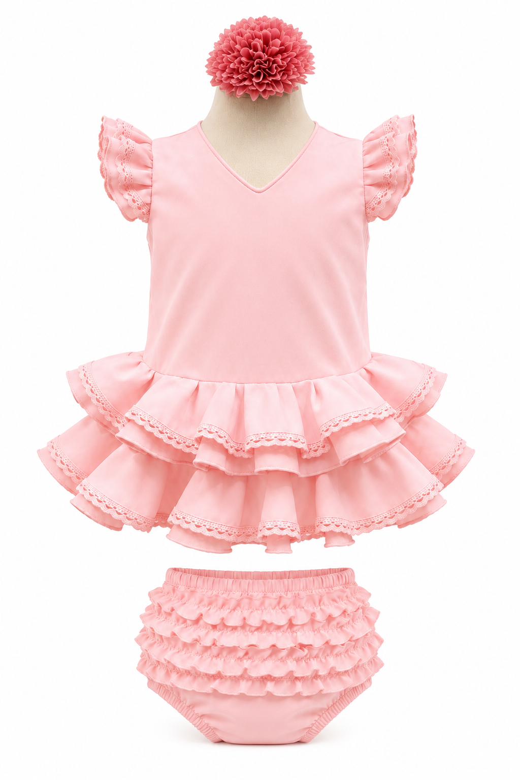 Traje flamenca bebé rosa con puntilla a tono y braguita a juego para feria - MiBebesito