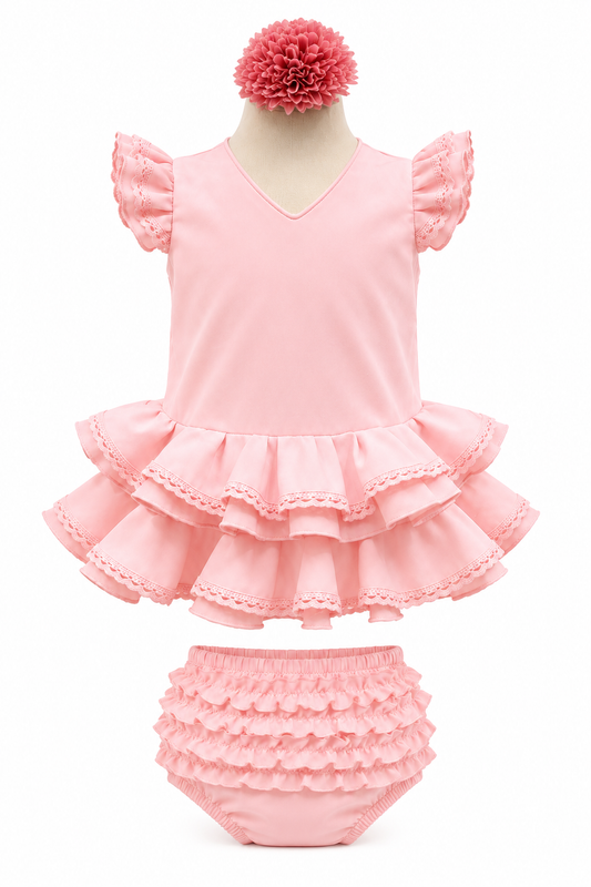 Traje flamenca bebé rosa con puntilla a tono y braguita a juego para feria - MiBebesito