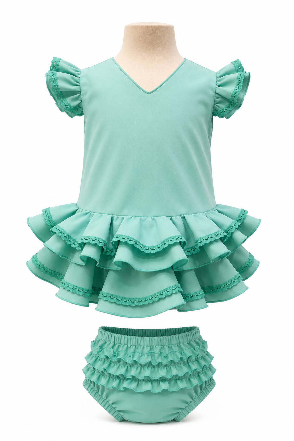 Traje flamenca bebé verde agua con puntilla a tono y braguita a juego - MiBebesito