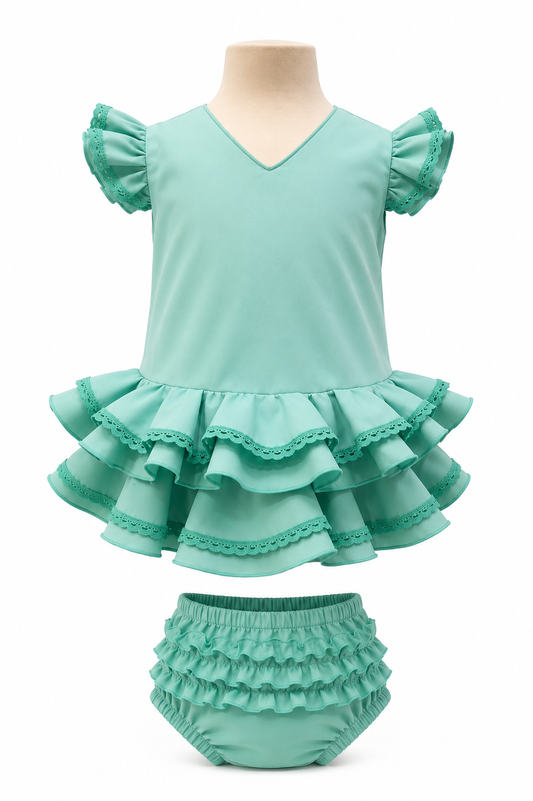 Traje flamenca bebé verde agua con puntilla a tono y braguita a juego - MiBebesito