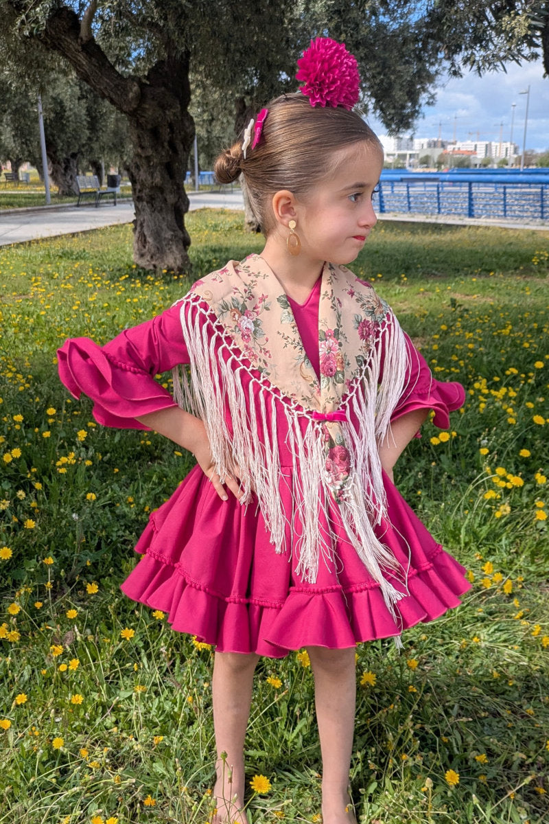 Traje de flamenca corto para niña de capa buganvilla - Mibebesito