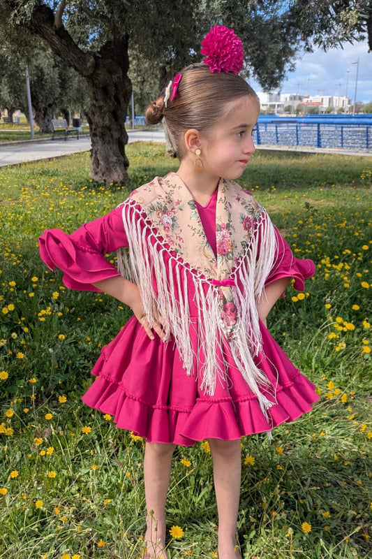 Traje de flamenca corto para niña de capa buganvilla - Mibebesito