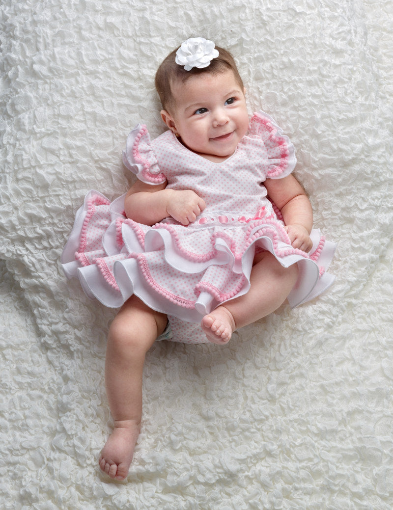 Traje de flamenca de bebé blanco lunar rosa