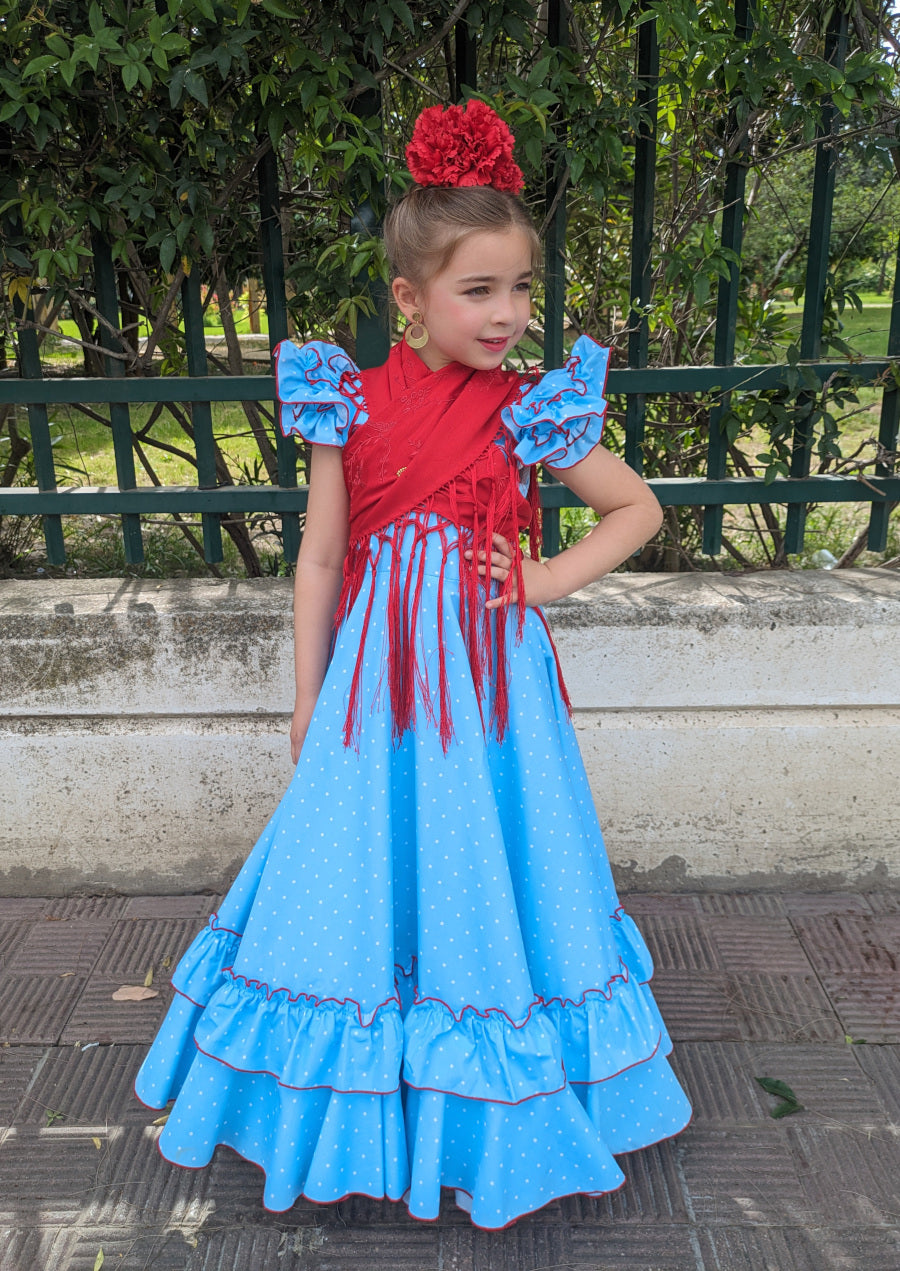 Traje de flamenca niña largo celeste lunar blanco MiBebesito