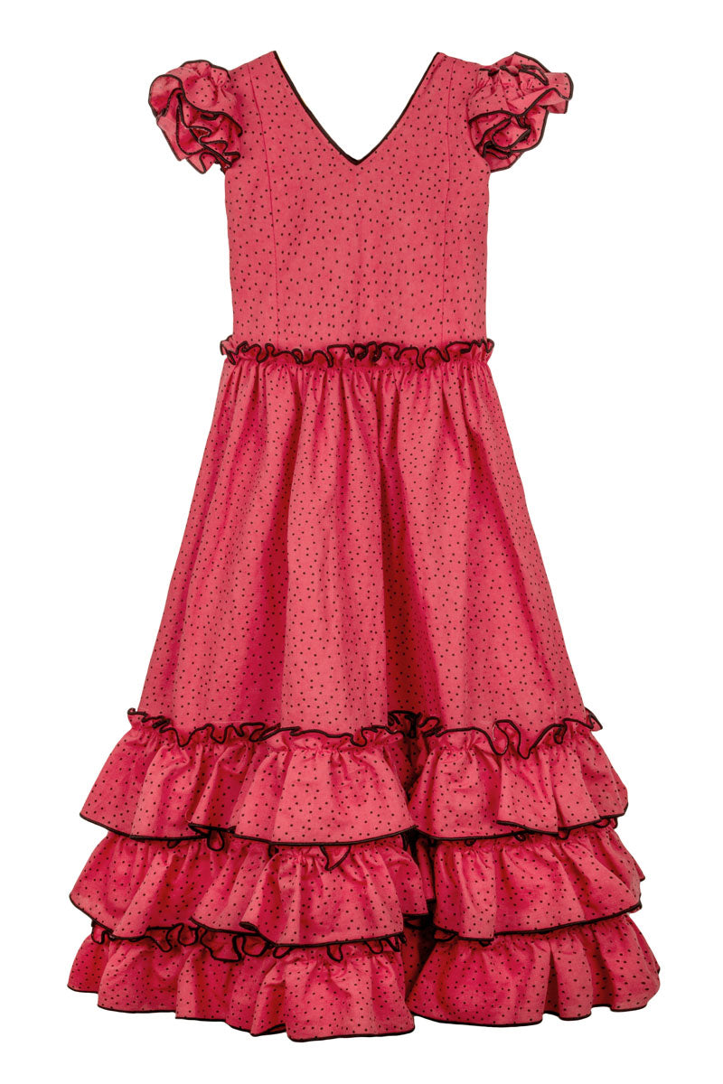 Vestido de flamenca lino coral y lunar negro