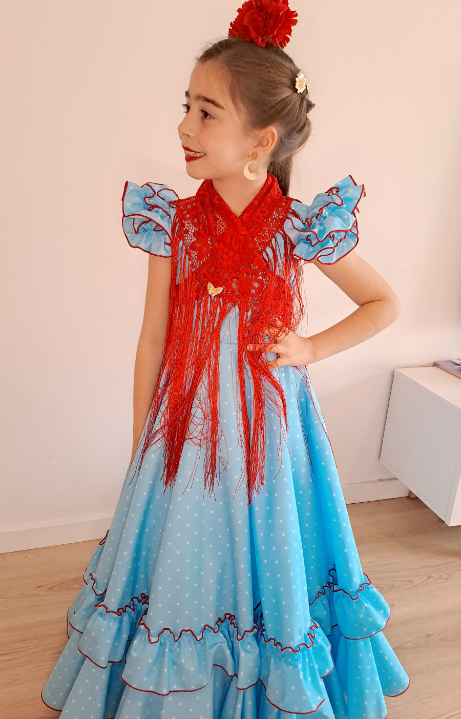 Traje de flamenca niña largo celeste lunar blanco MiBebesito