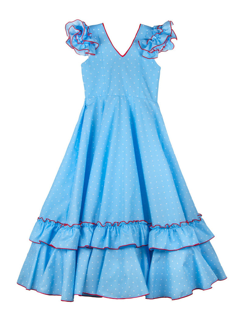 Traje de flamenca niña largo celeste lunar blanco