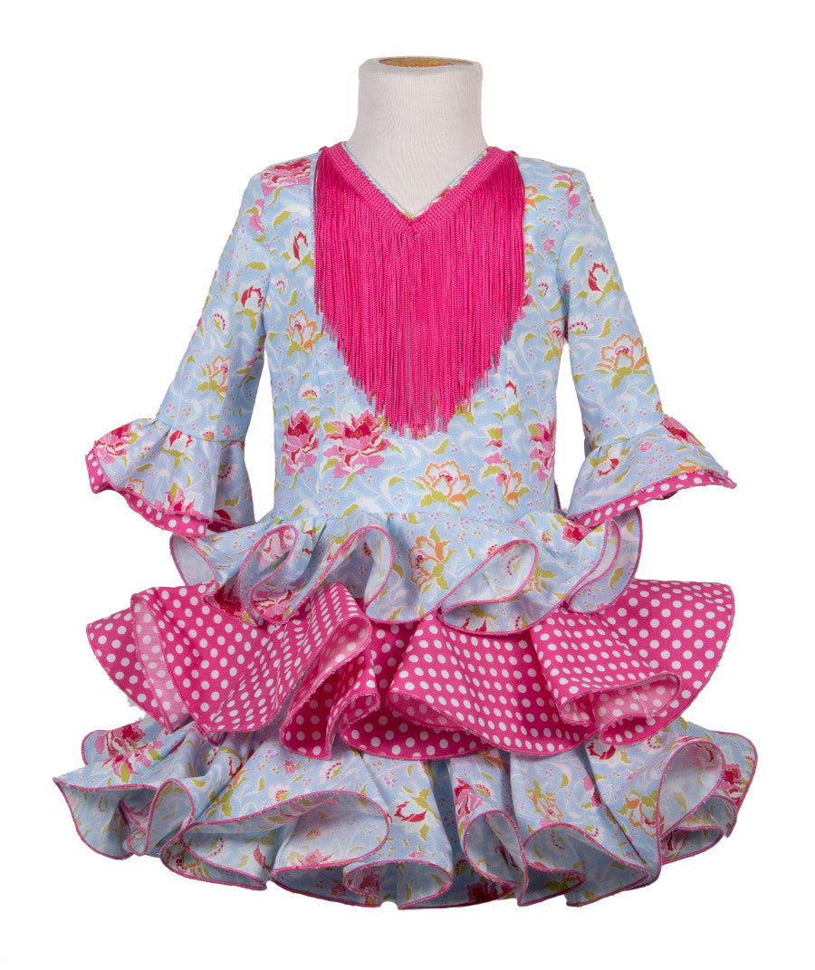 Vestido de flamenca para niña celeste con flores