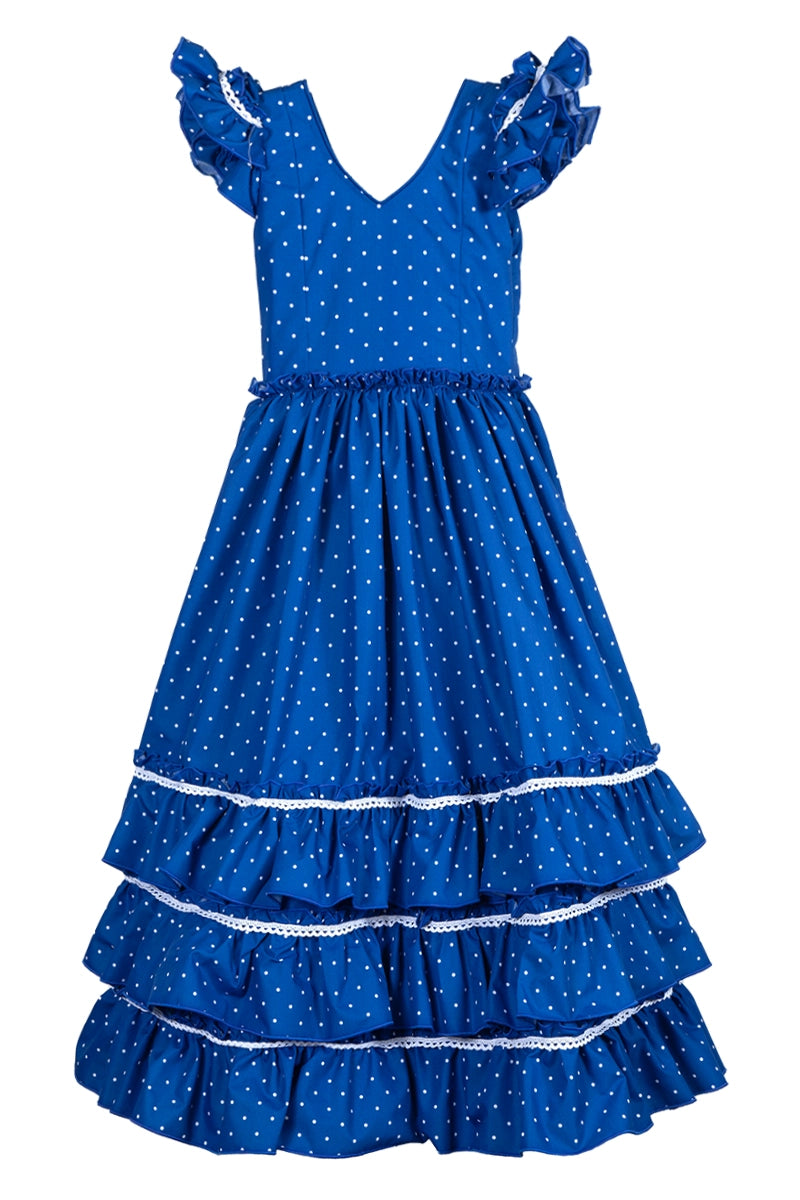 Vestido flamenca largo para niña azul eléctrico lunar blanco MiBebesito