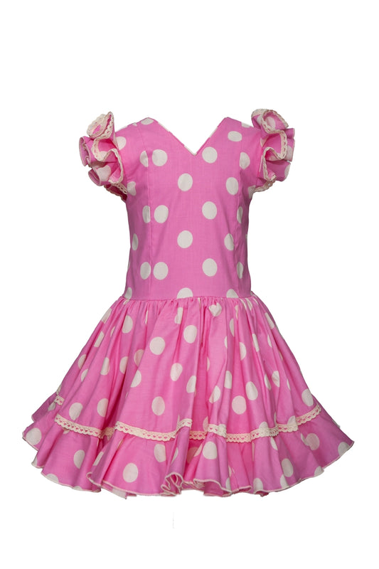 Vestido de flamenca para niña corto de capa rosa lunar beige MiBebesito