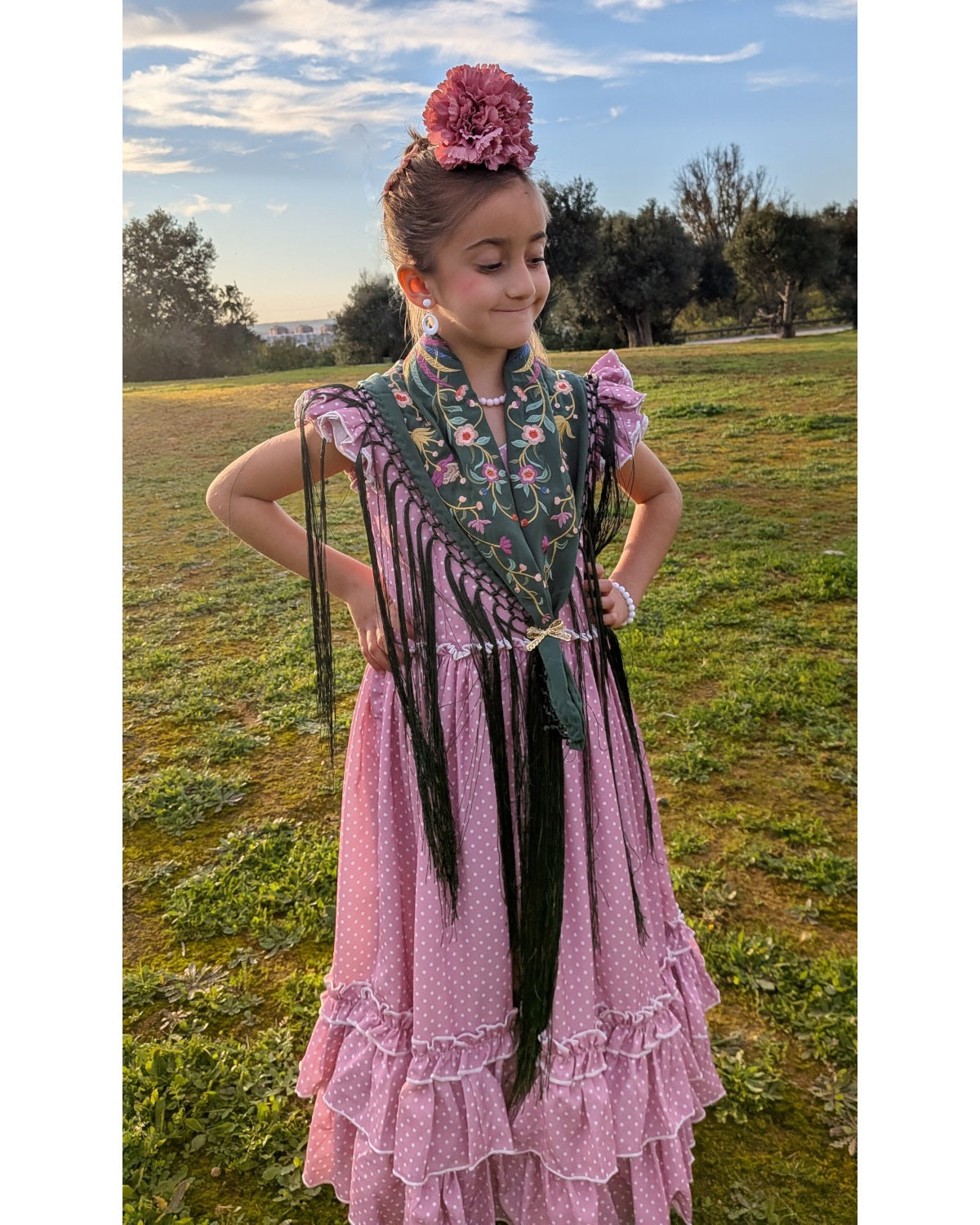 Vestido flamenca largo niña rosa con lunar blanco para feria - MiBebesito