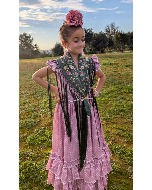 Vestido flamenca largo niña rosa con lunar blanco para feria - MiBebesito