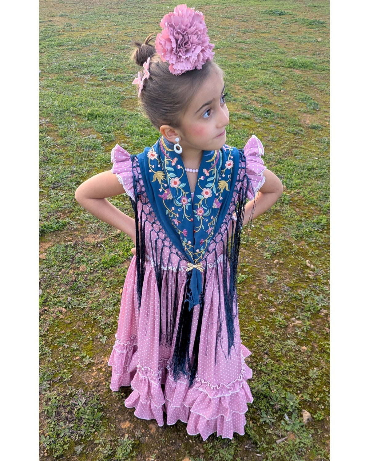 Vestido flamenca largo niña rosa con lunar blanco para feria - MiBebesito
