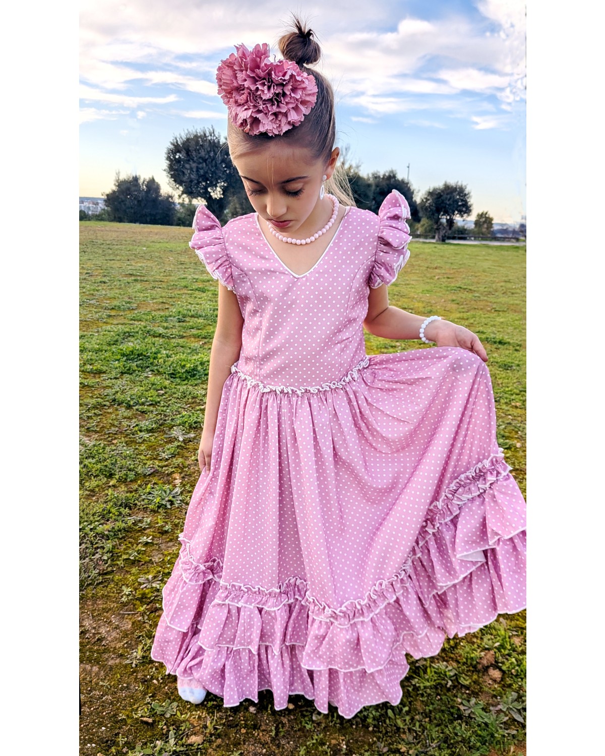 Vestido flamenca largo niña rosa con lunar blanco para feria - MiBebesito