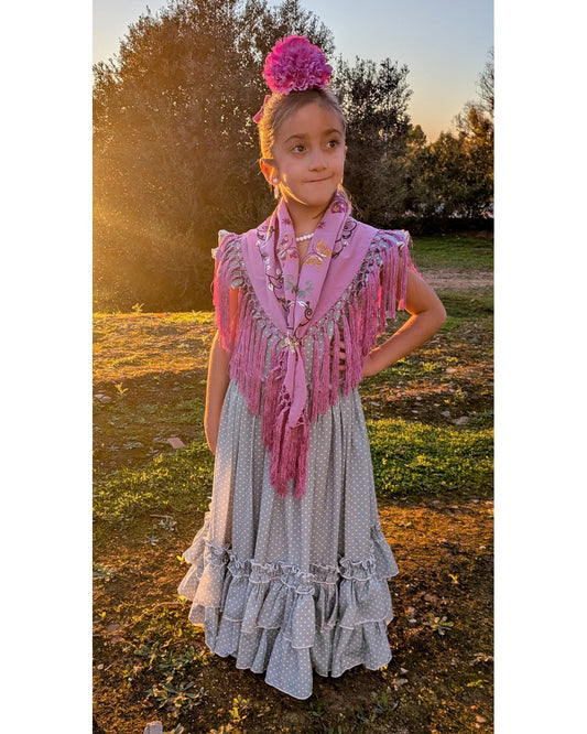 Vestido flamenca largo niña verde empolvado lunar blanco con mantoncillo rosa - MiBebesito