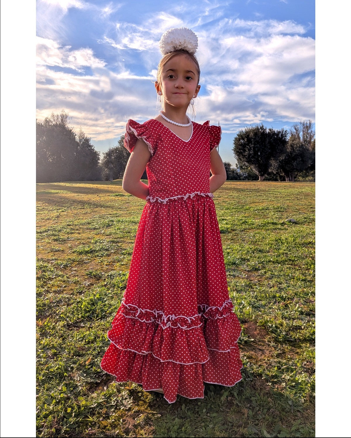 Vestido flamenca niña rojo con lunar blanco y mantoncillo a juego para feria - MiBebesito