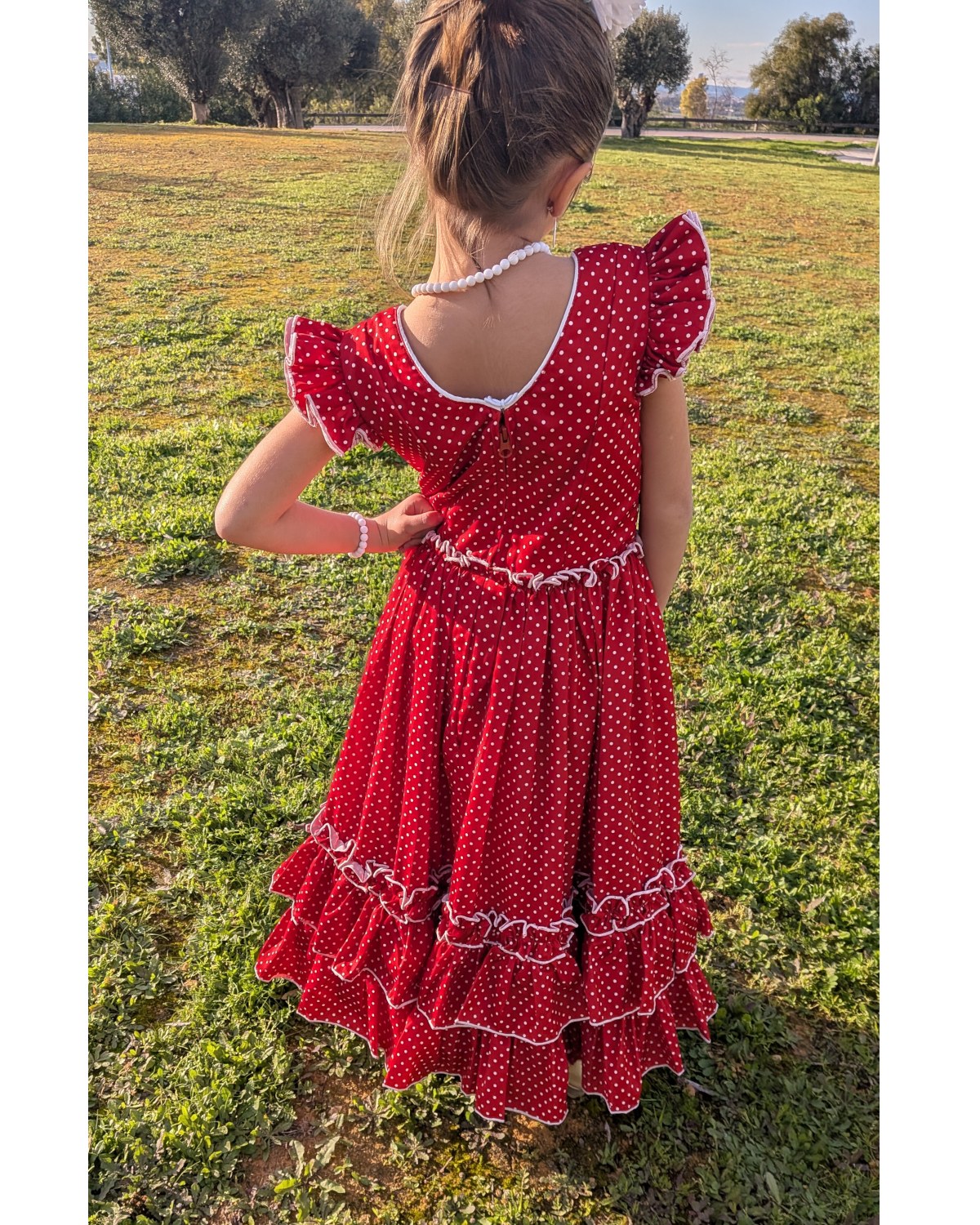 Vestido flamenca niña rojo con lunar blanco y mantoncillo a juego para feria - MiBebesito